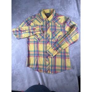 Salt Valley Western Mens Yellow Pink Plaid Pearl Snap Long Sleeve Shirt Medium